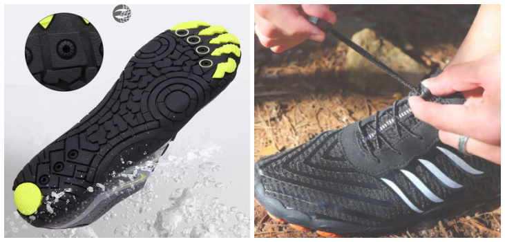 Collage of Grounded footwear's sole and in use